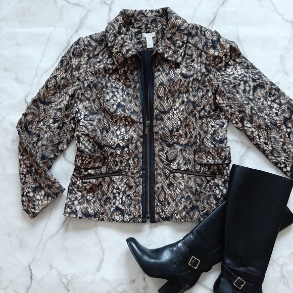 Women's Faux Fur Animal Snake Cheetah Print Zip Front Collared Jacket - Picture 3 of 8